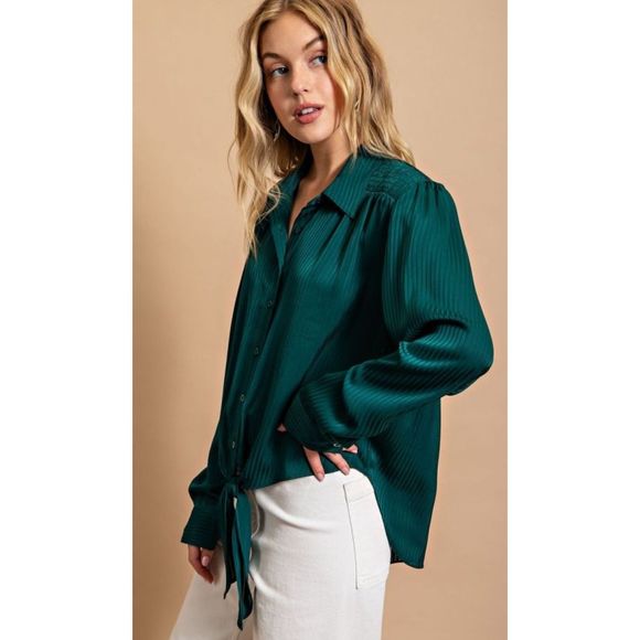 New Gigio Size S M Hunter Green Button Up Smocked Shoulder Striped Blouse Top - Picture 2 of 6